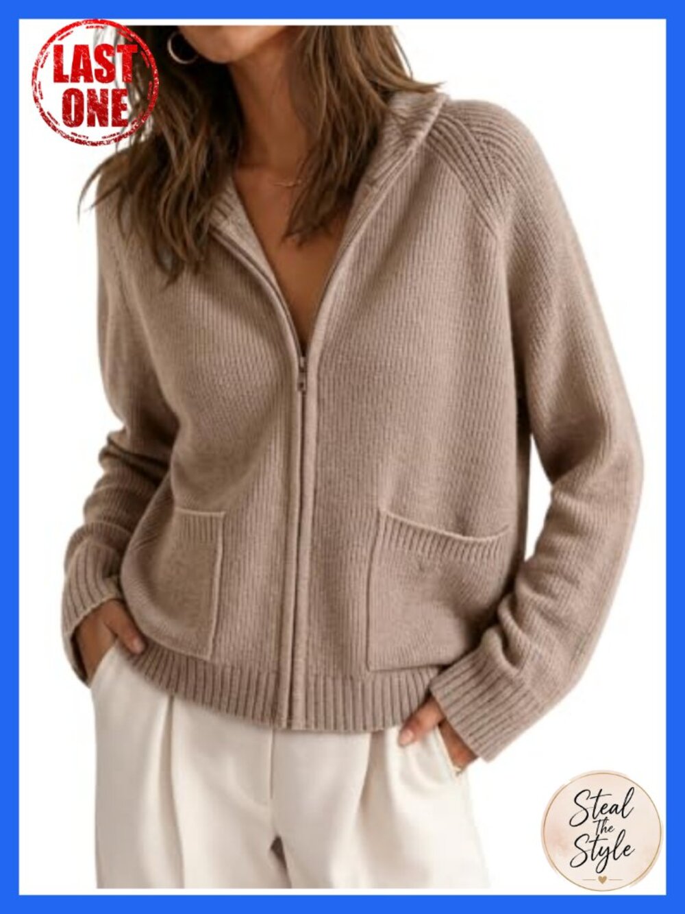 Women's Zip Up Chunky Knit Cardigan Long Sleeve Sweater Coat with Pockets